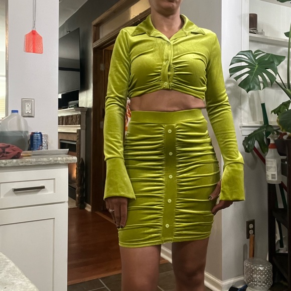 Fashion Nova Dresses & Skirts - Fashion Nova Chartreuse Gigi Velvet Skirt Set